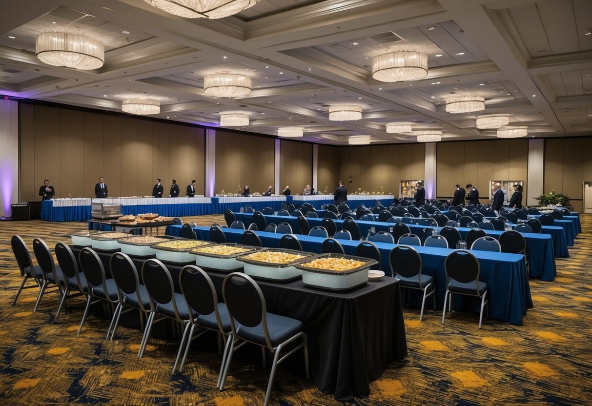 A large event space with rows of tables and chairs, a buffet table, and a registration area with staff