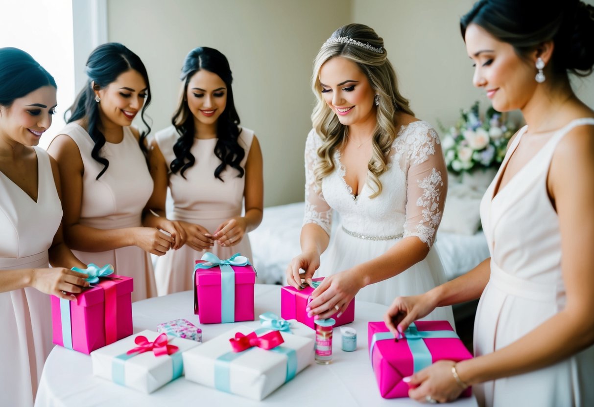 A bride carefully selecting and wrapping individualized gifts for her bridesmaids