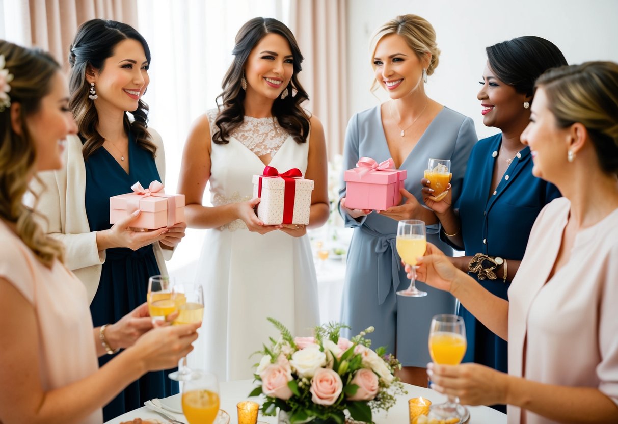 A group of women at a bridal shower, some holding gifts, while others socialize and enjoy refreshments