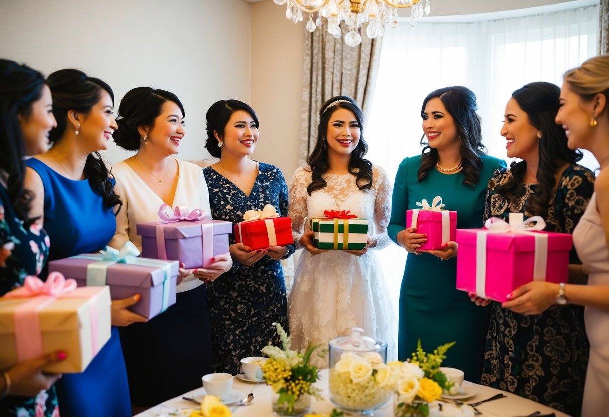 A group of women gather in a decorated room, holding wrapped gifts and chatting happily. A table is set with refreshments and a bride-to-be smiles warmly