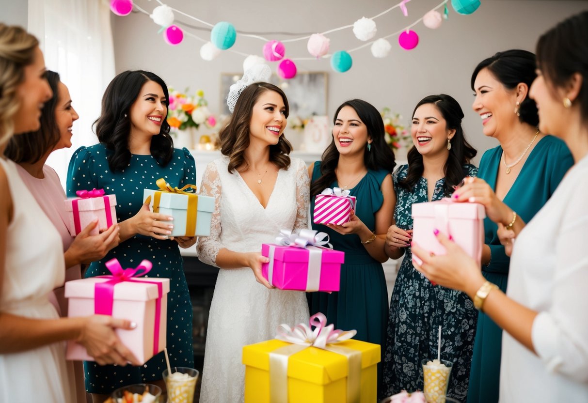 A group of women at a bridal shower, some holding wrapped gifts while others chat and laugh. A festive atmosphere with decorations and refreshments
