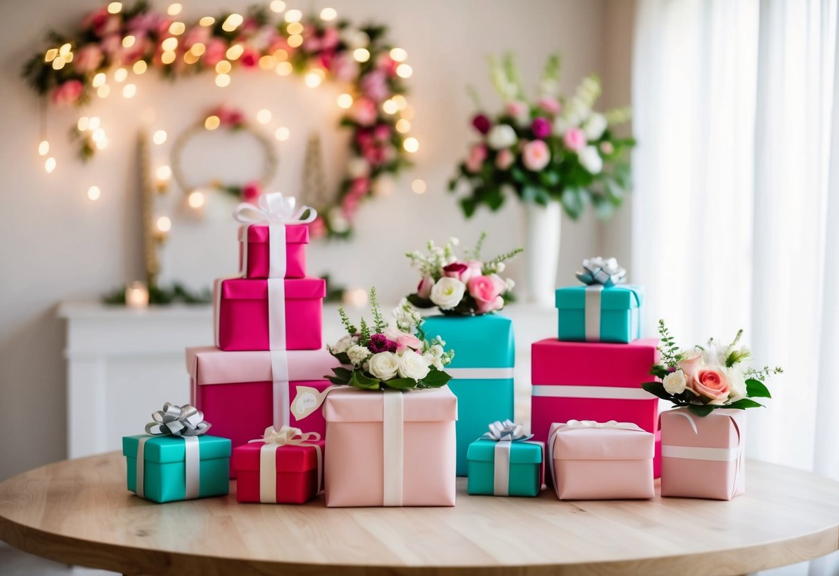 A table set with wrapped gifts and floral decorations for a bridal shower