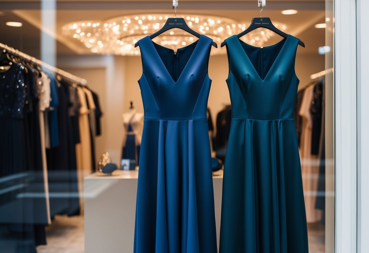 Two elegant dresses in matching shades of navy blue, hanging side by side in a luxurious boutique window display