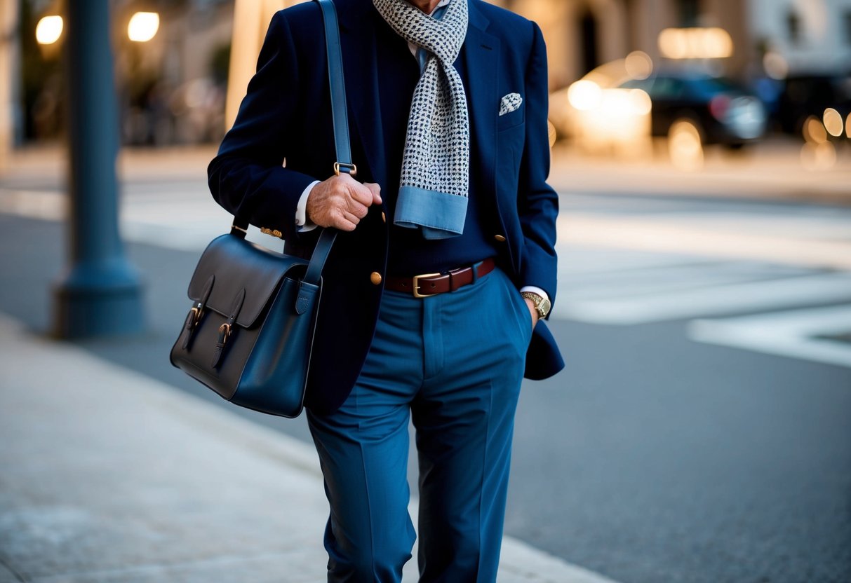 A stylish older person wearing a smart blazer and a pair of comfortable trousers, accessorized with a scarf and a pair of classic loafers