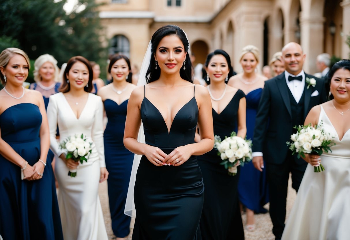 A woman in a black dress stands among a group of elegantly dressed wedding guests. She looks confident and elegant, despite the traditional taboo against wearing black to a wedding