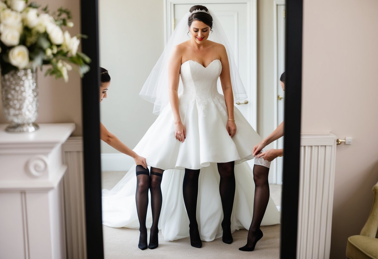 A bride standing in front of a full-length mirror, wearing a wedding dress and trying on different pairs of tights to see how they look with the dress