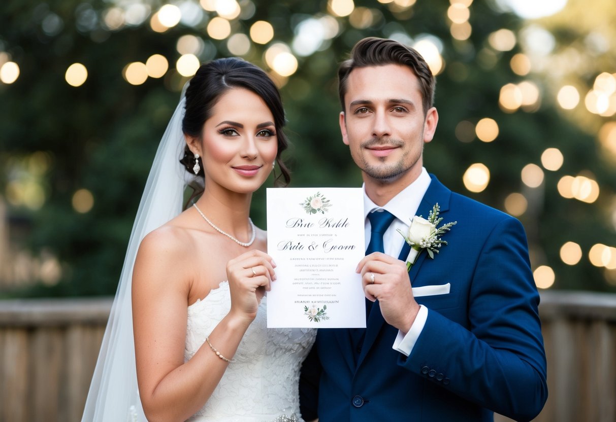 A bride and groom politely declining extra guests, with a single invitation displayed prominently
