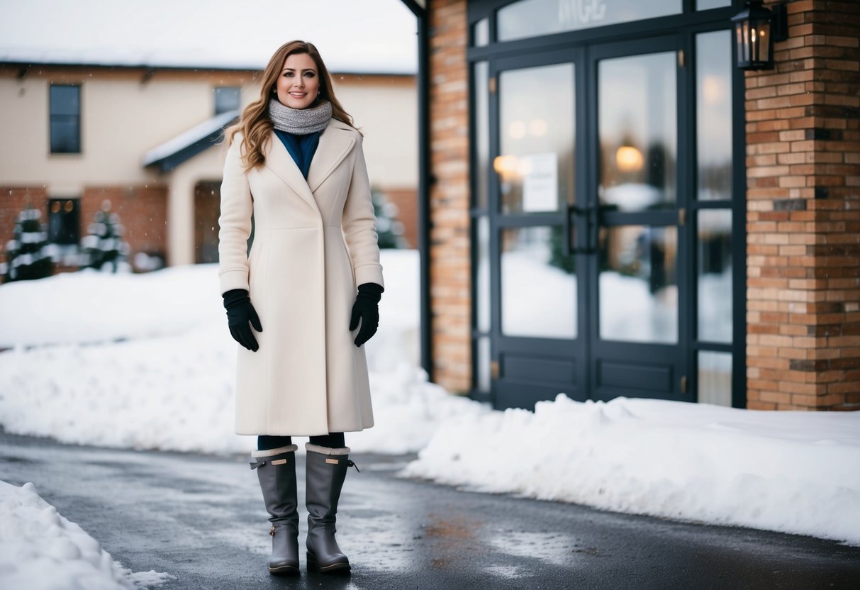 A woman in a long coat and boots, with a scarf and gloves, standing outside a wedding venue on a snowy day
