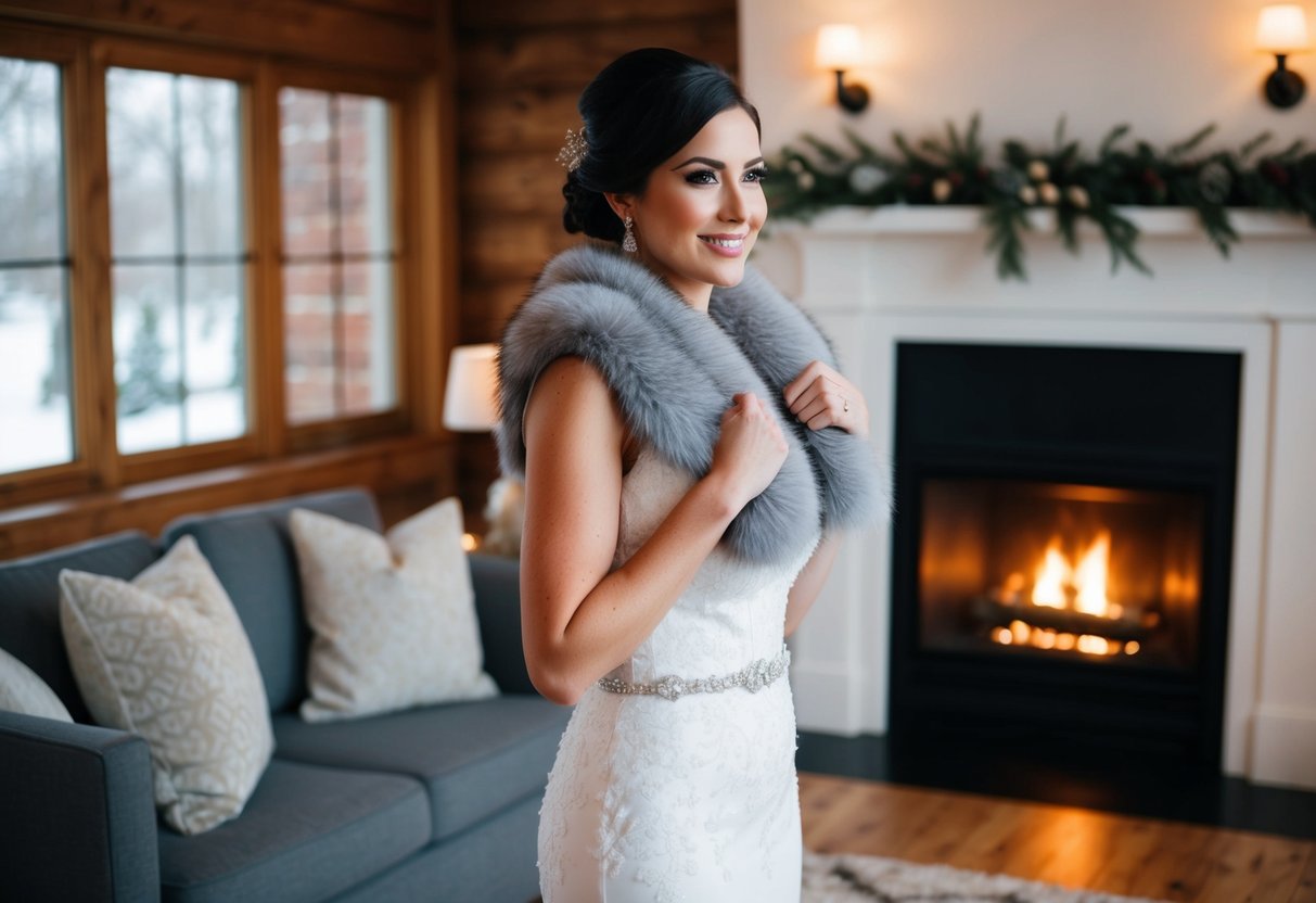 A bride in a sleeveless wedding dress holds a faux fur stole over her shoulders, standing in front of a fireplace at a cozy winter wedding venue