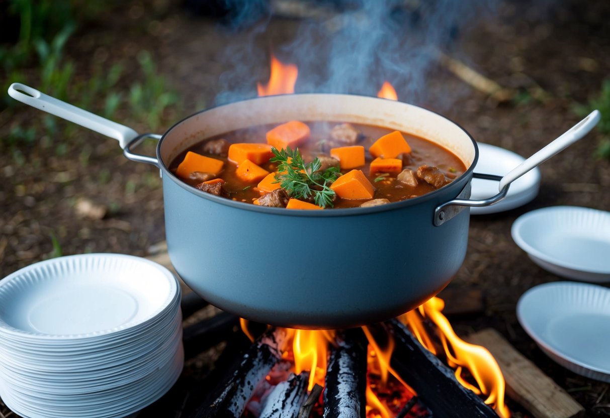 A large pot of stew simmering over a campfire, surrounded by stacks of paper plates and plastic utensils