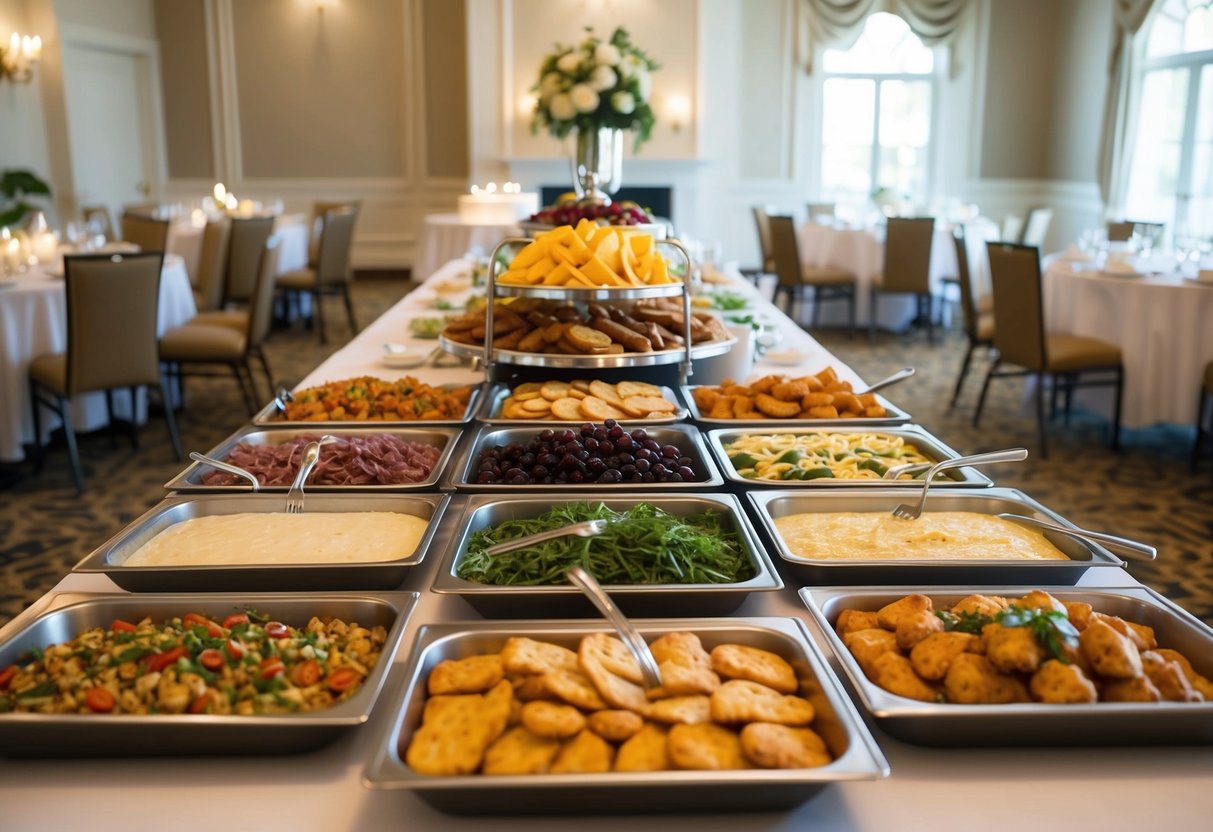 A large buffet table with trays of assorted finger foods and beverages set up in a spacious, well-lit room with elegant decor