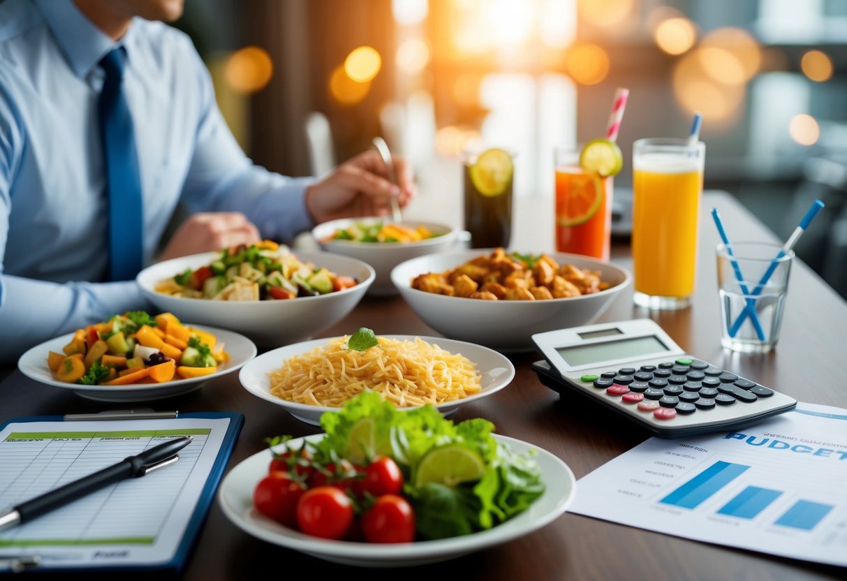 A table filled with various food and drink options, with a calculator and budget sheet nearby