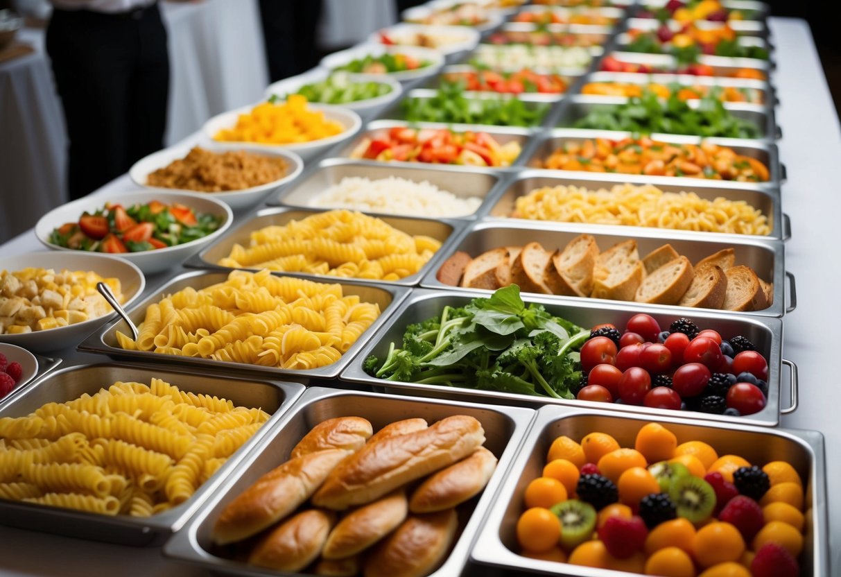 A long buffet table filled with an assortment of budget-friendly dishes, including pasta, salad, bread, and fruit, all displayed in an organized and appetizing manner