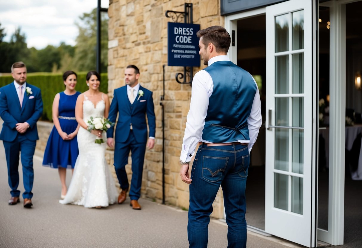 A man in jeans stands outside a wedding venue, looking unsure as he reads the dress code sign. Other guests in formal attire walk past him