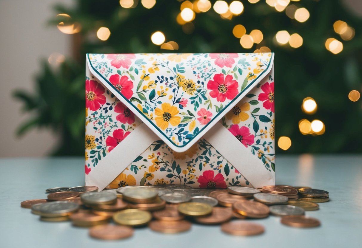 A decorated envelope with floral patterns and a ribbon, surrounded by scattered coins and bills
