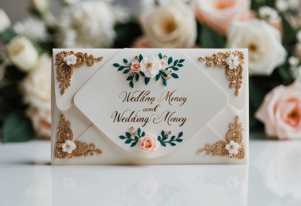 A beautifully decorated wedding money envelope with elegant calligraphy and floral embellishments