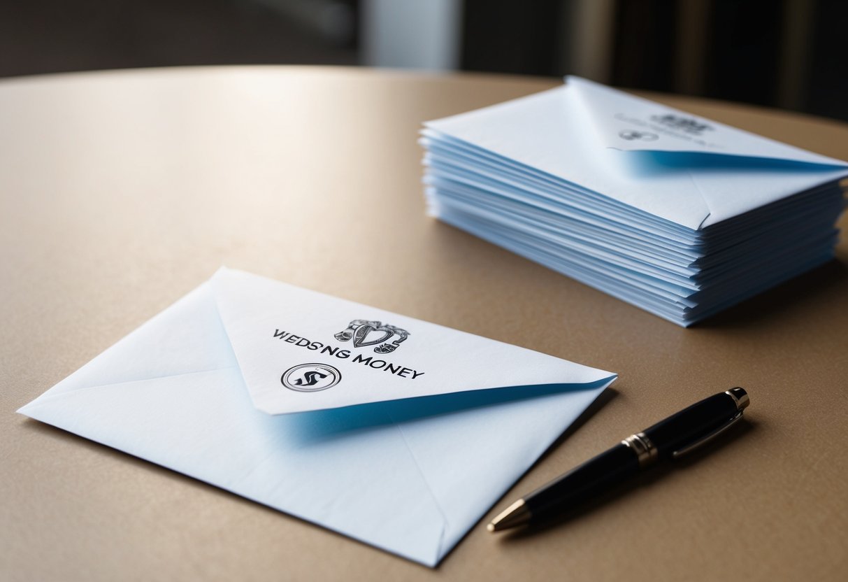 A table with a wedding money envelope, a pen, and a stack of blank envelopes ready to be addressed and mailed