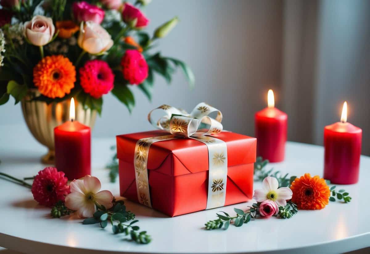 A beautifully wrapped gift box sits on a table, surrounded by flowers and candles