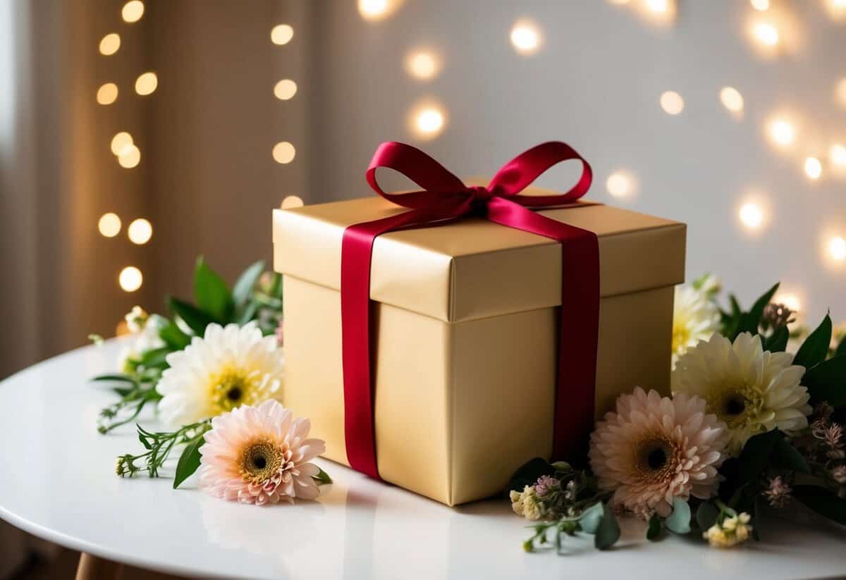 A beautifully wrapped gift box sits on a table, surrounded by elegant flowers and soft lighting, creating a warm and inviting atmosphere