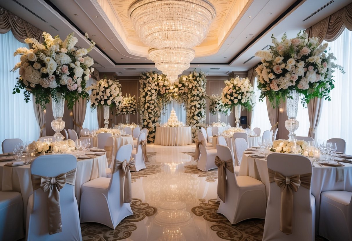 A lavish wedding venue with ornate decorations and extravagant floral arrangements