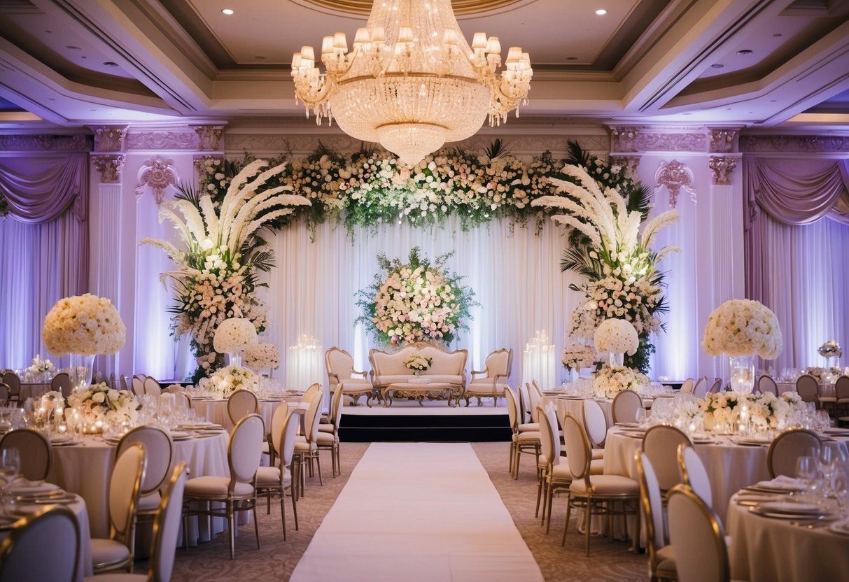 A grand and opulent wedding venue with lavish decorations and extravagant floral arrangements