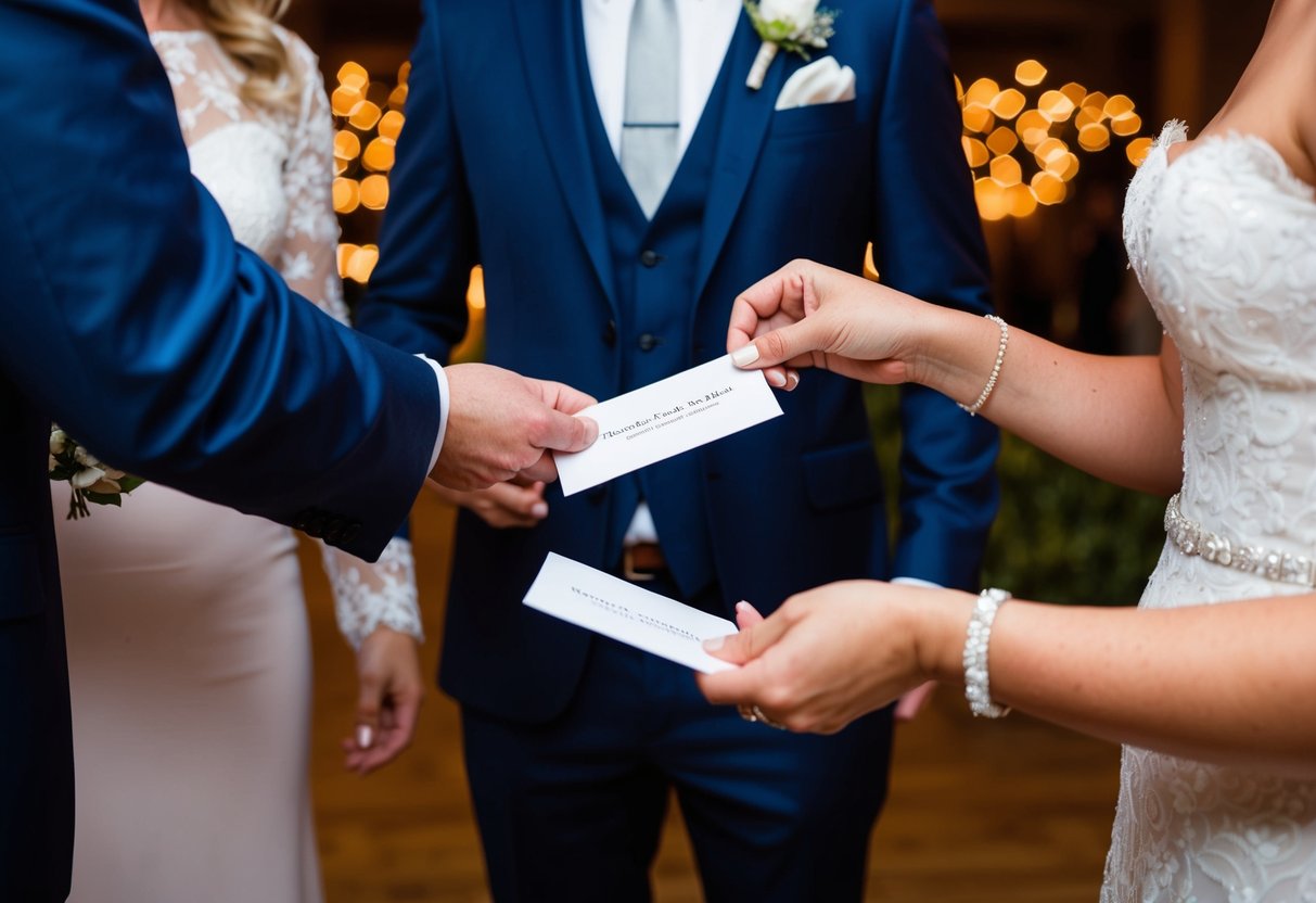 Guests hand envelopes to couple at wedding reception