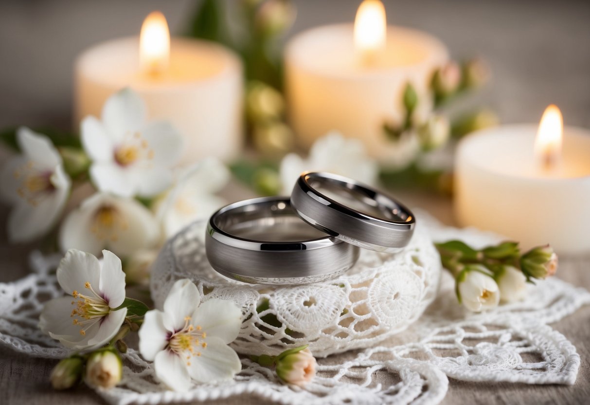 A pair of intertwined wedding rings resting on a bed of delicate white lace, surrounded by fragrant blossoms and flickering candlelight