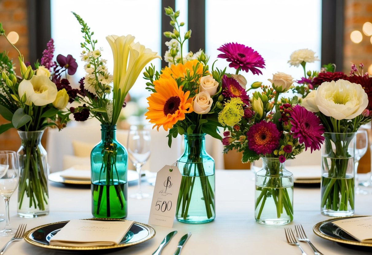 A table with various types of flowers in vases, surrounded by wedding decor and a price tag
