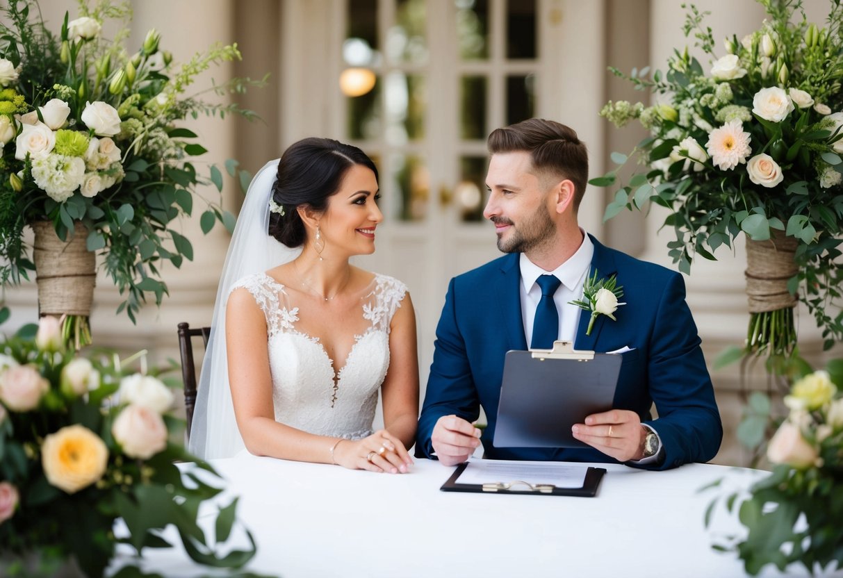 A bride and groom sit at a table, surrounded by various floral arrangements. A wedding planner holds a clipboard, discussing budget options with the couple