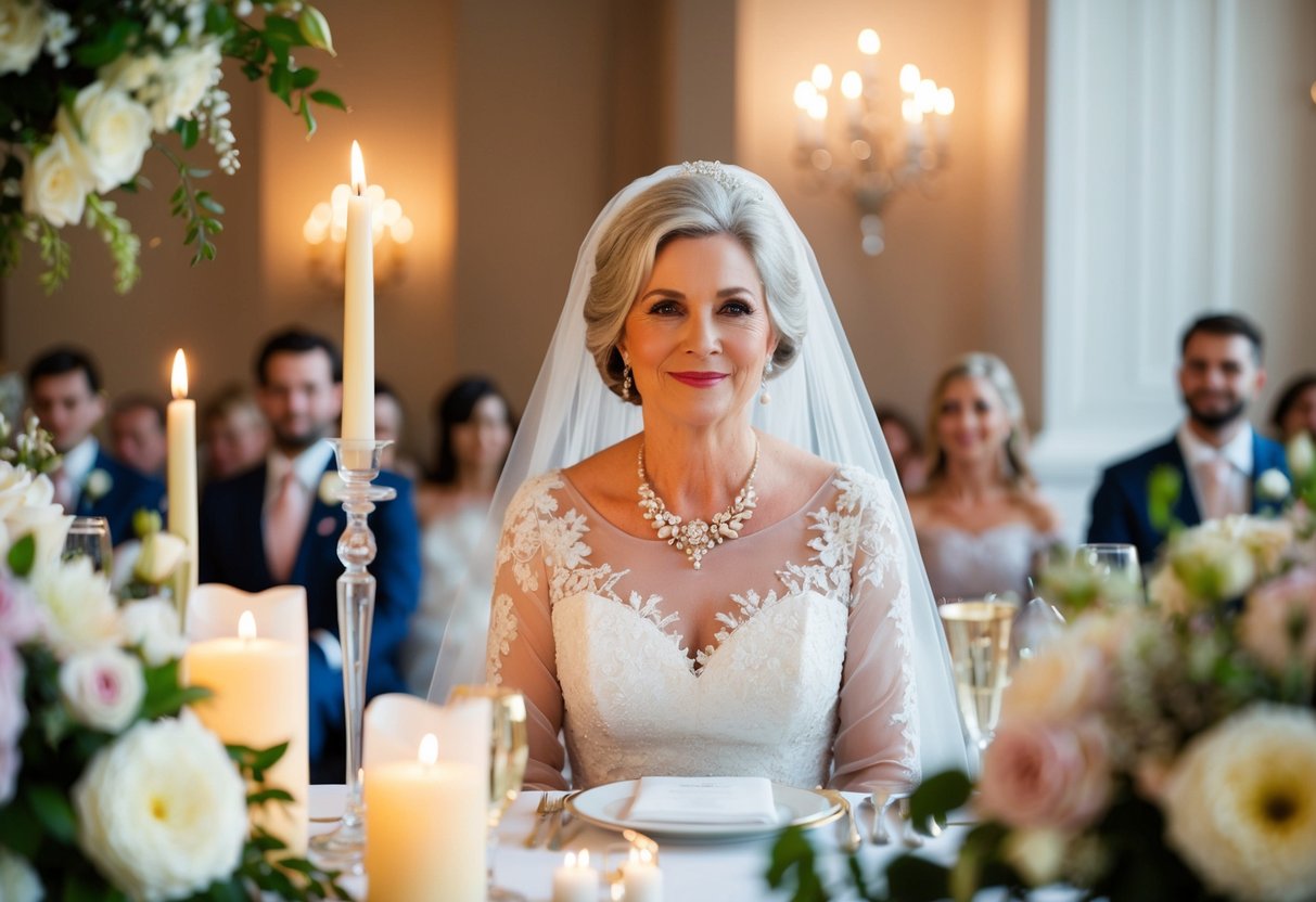 The bride's mother is seated first at the wedding, surrounded by elegant floral arrangements and soft candlelight
