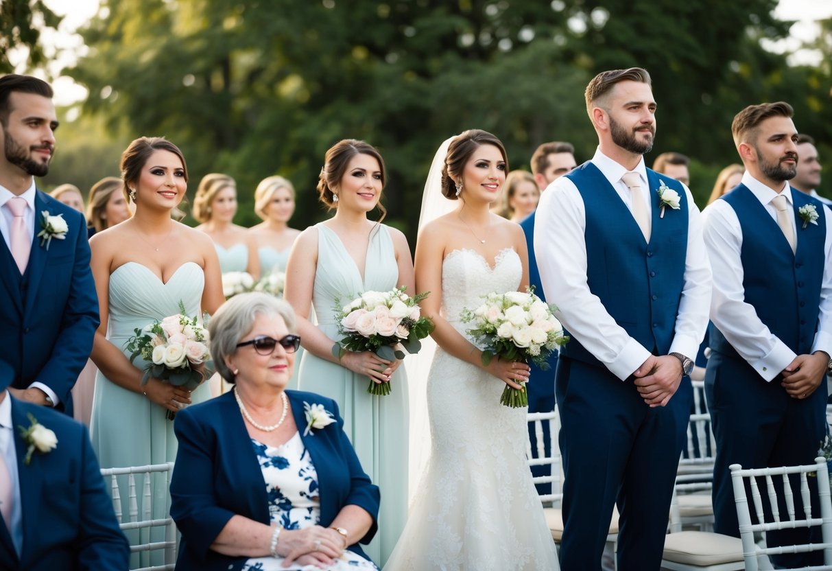 The bridal party stands in line, waiting to walk down the aisle. The mother of the bride is seated in the front row, watching the ceremony