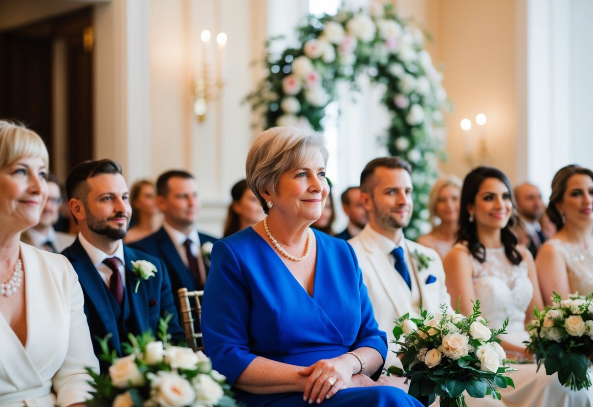 A mother seated in the front row at a wedding, surrounded by flowers and elegant decor