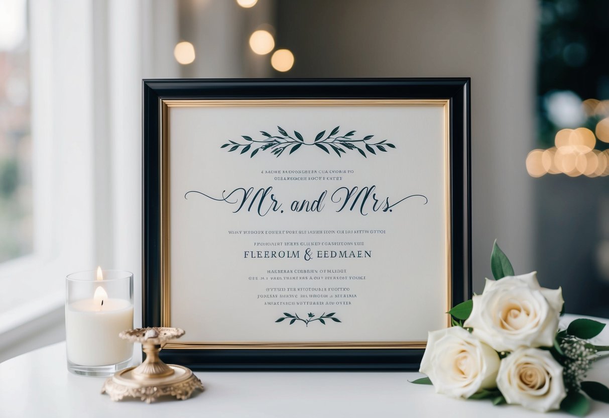 A framed, elegant wedding invitation with "Mr. and Mrs." followed by both names in beautiful calligraphy