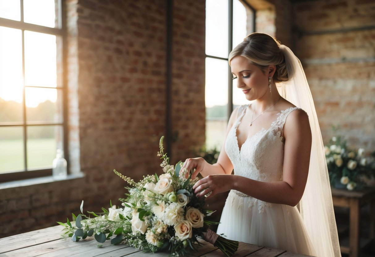 A bride arranging her own wedding flowers in a rustic, sunlit setting