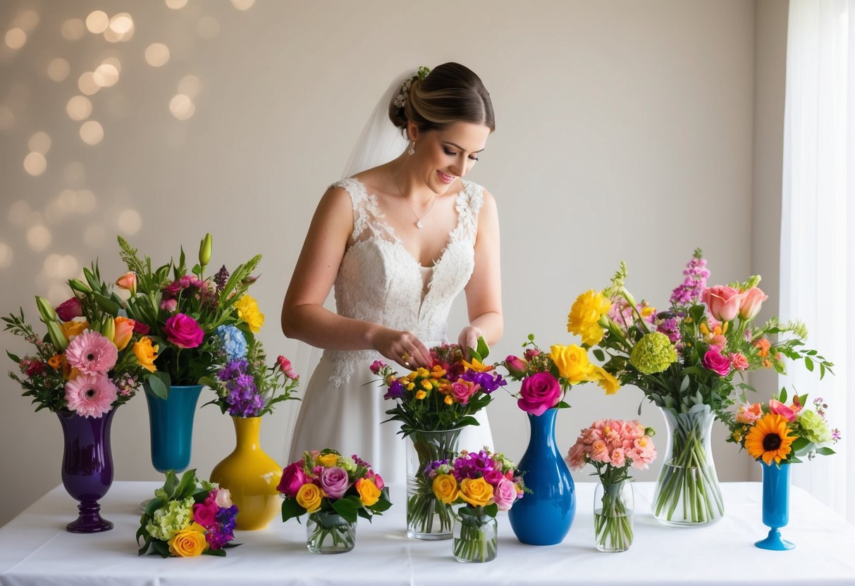 A bride arranging a variety of colorful flowers in vases and bouquets for her DIY wedding decorations