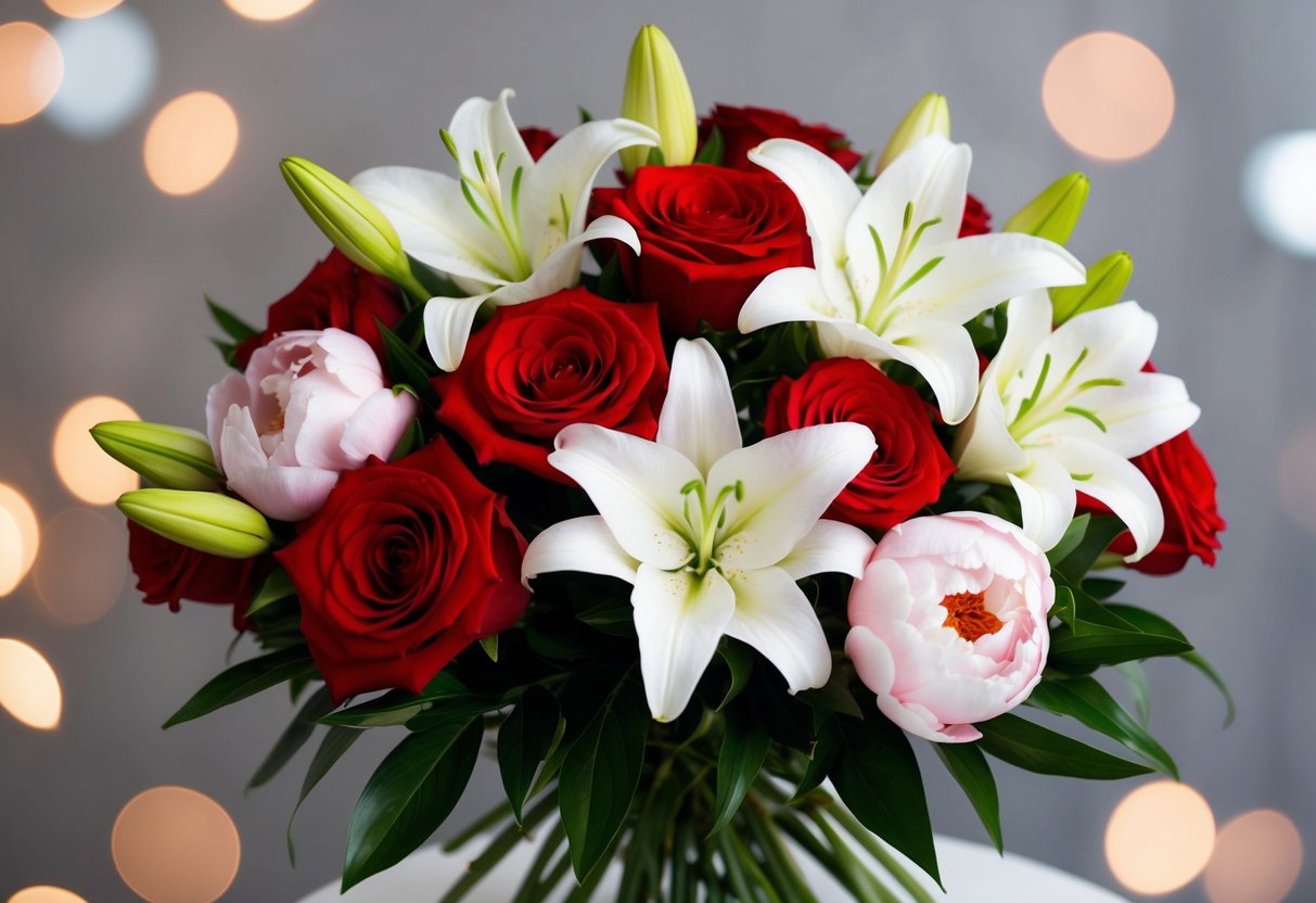 A bouquet of white lilies, symbolizing purity and innocence, is surrounded by vibrant red roses, representing love and passion, and delicate pink peonies, signifying romance and prosperity