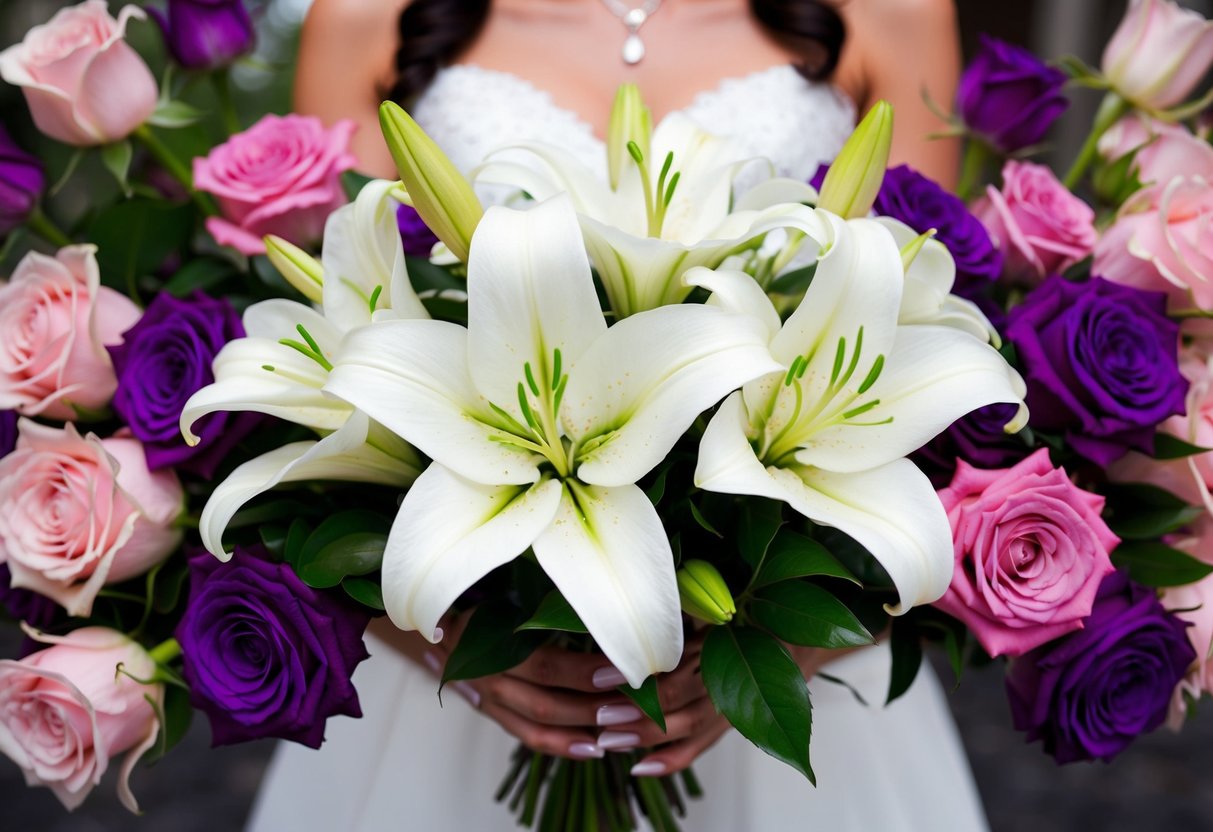 A bride holding a bouquet of white lilies, symbolizing purity, while surrounded by a mix of pink and purple roses, representing love and enchantment