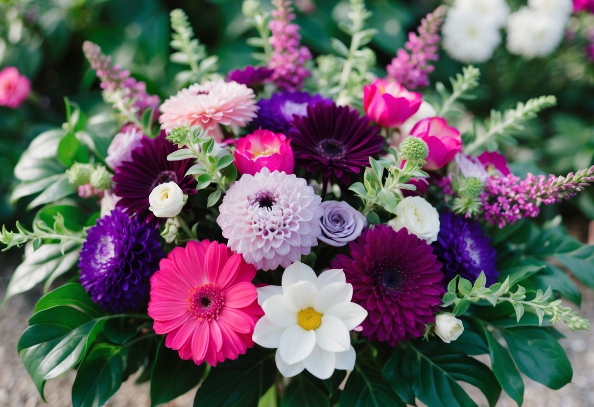 A vibrant bouquet of flowers in various shades of pink, purple, and white, surrounded by lush green foliage