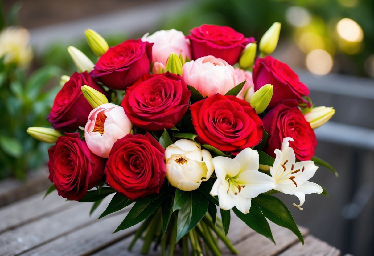 A vibrant bouquet of red roses, symbolizing love and passion, complements soft pink peonies representing romance and prosperity, while delicate white lilies signify purity and unity