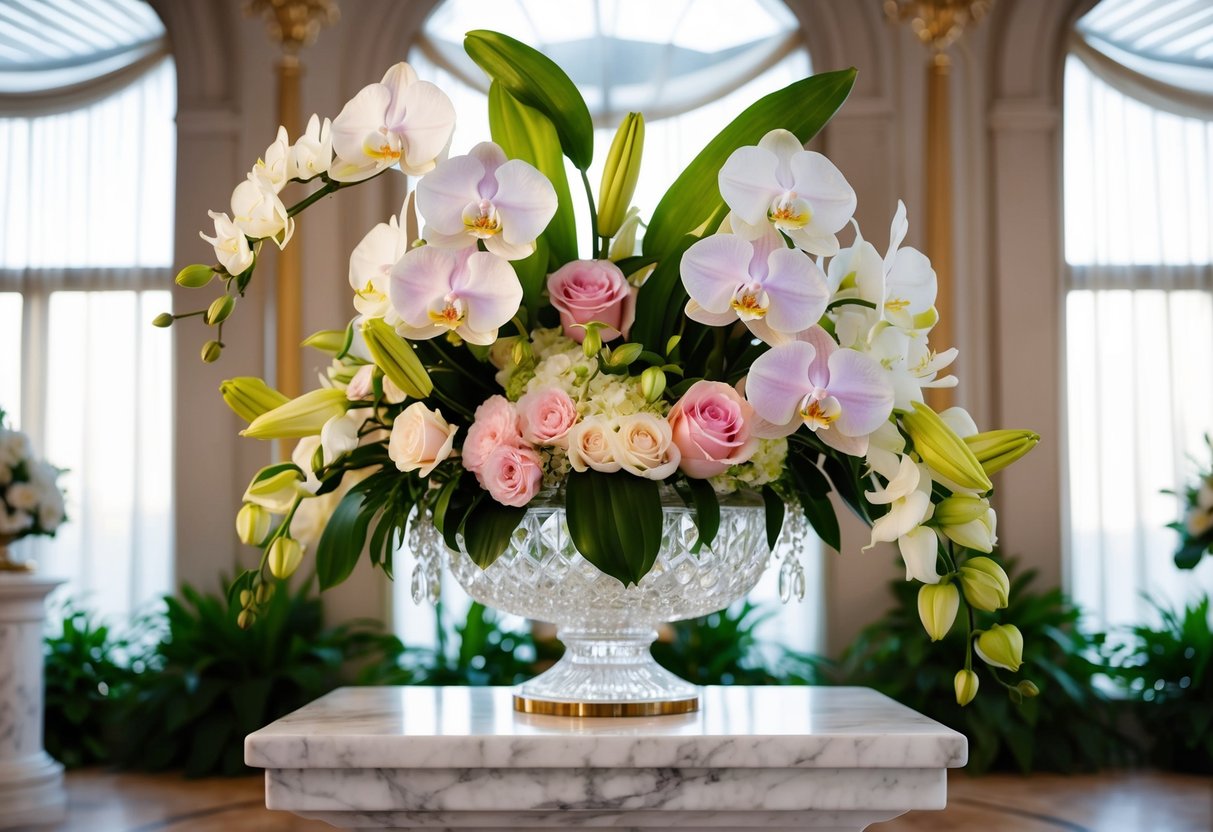 A lush bouquet of rare orchids, lilies, and roses, arranged in an opulent crystal vase on a marble pedestal