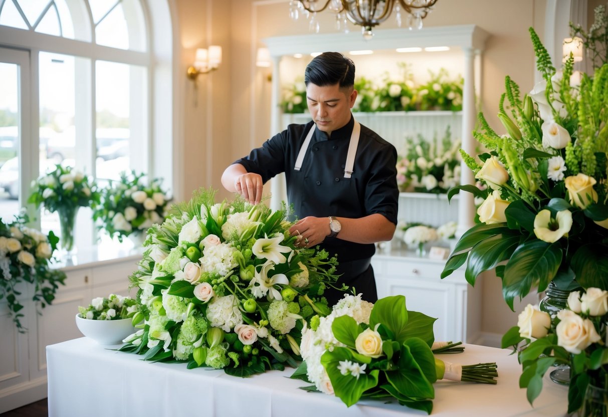 A florist arranging an elaborate wedding bouquet with a variety of expensive, fresh flowers and lush greenery in a well-lit, elegant shop