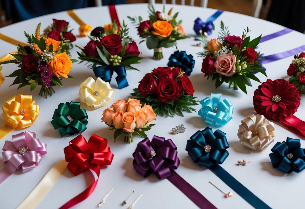 A table adorned with various corsages in a range of colors and styles, with a selection of ribbon and pins nearby for coordinating