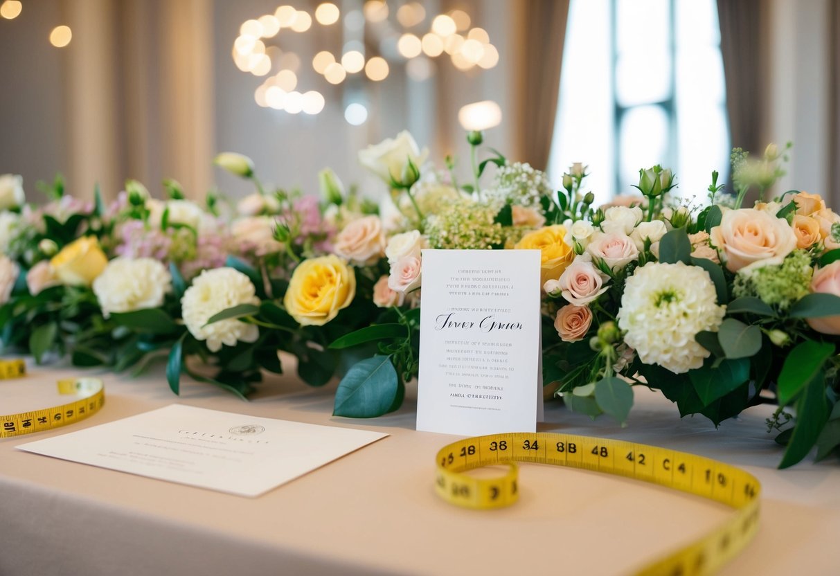 A table covered in flower arrangements, with a measuring tape and a wedding invitation nearby