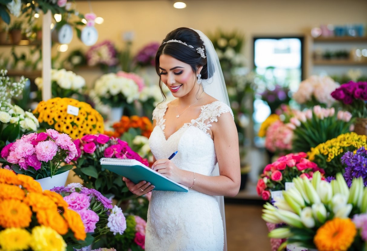 A bride stands in a flower shop, surrounded by colorful blooms. She holds a notebook, pen, and wedding planner, carefully calculating the number of flowers needed for her special day