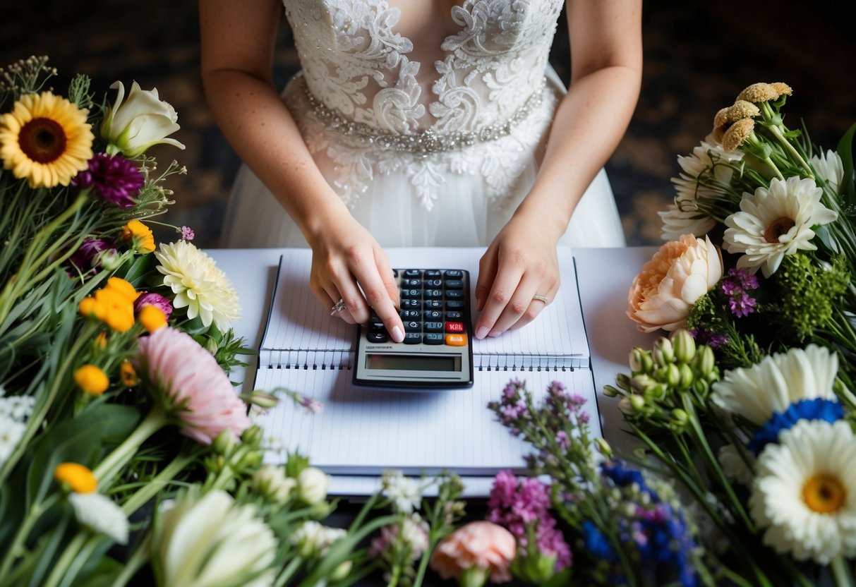 A bride surrounded by various types of flowers, with a notebook and calculator, carefully calculating the number of flowers needed for her wedding