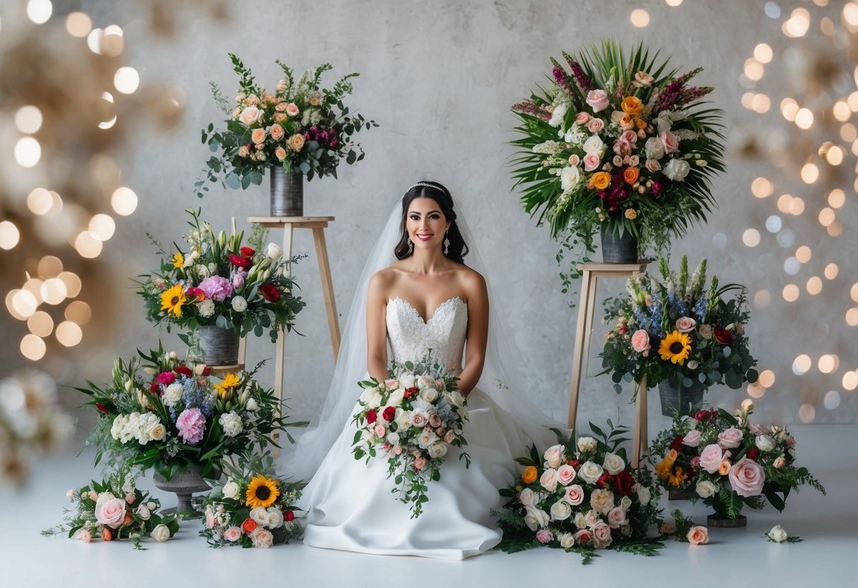 A bride surrounded by a mix of DIY and professional floral arrangements, comparing the quantity and variety of flowers for her wedding