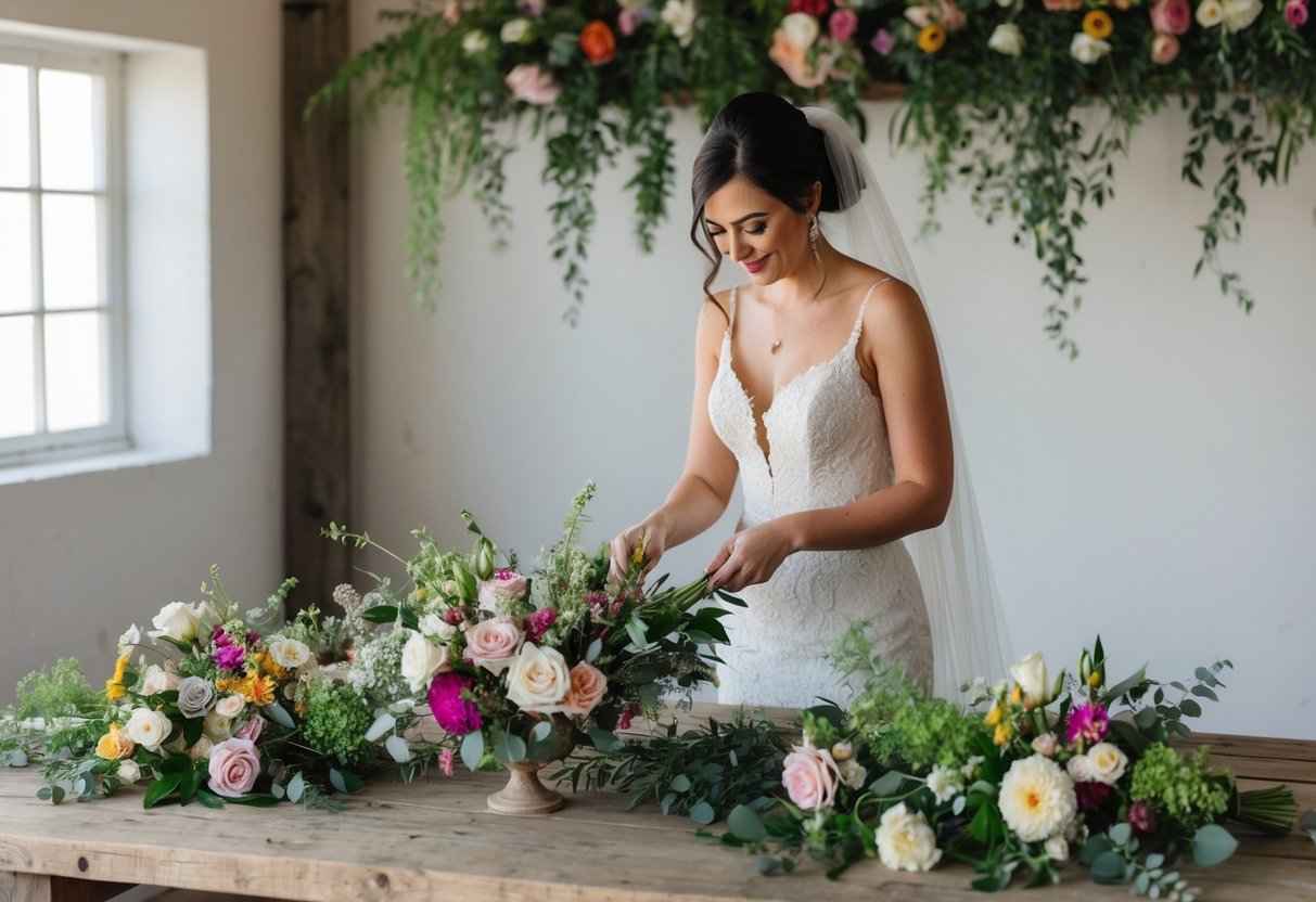 A bride arranging her own wedding flowers at a rustic wooden table with an assortment of colorful blooms and greenery spread out around her