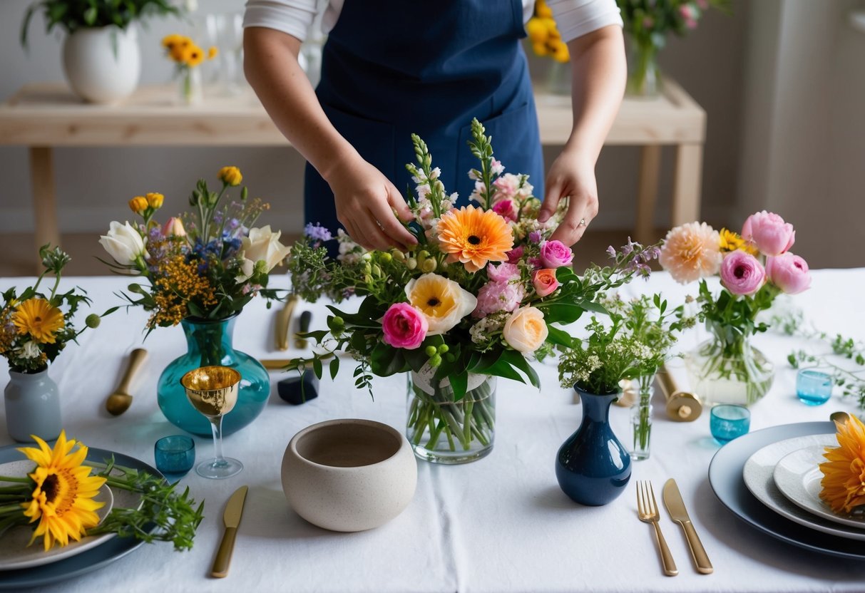 A table set with various flowers, vases, and tools for arranging. A pair of hands gently arranging blooms into a beautiful bouquet