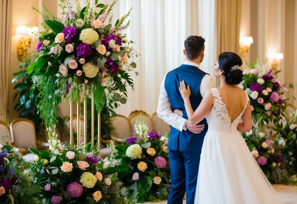 A bride and groom admiring a beautifully decorated wedding venue with vibrant floral arrangements and elegant bouquets