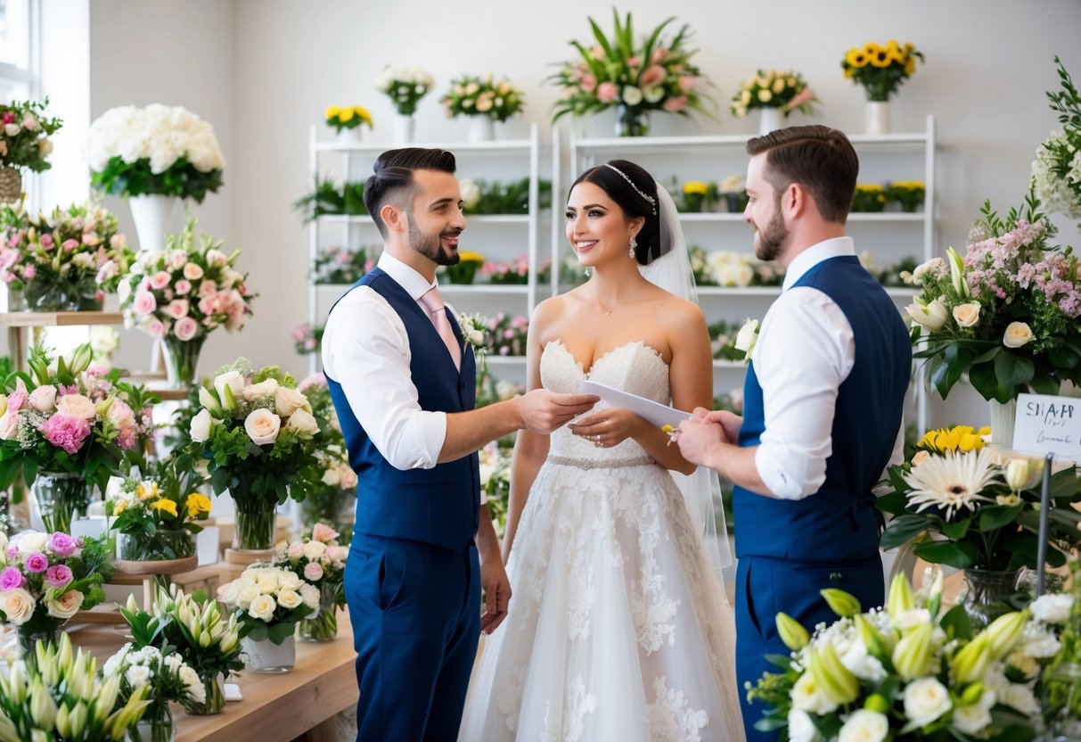 A bride and groom stand in a flower shop, surrounded by various floral arrangements. The florist presents them with different options and discusses pricing